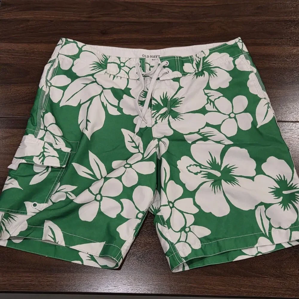 Old Navy Mens L Board Shorts Green White Floral Hawaiian Print Drawstring Swim